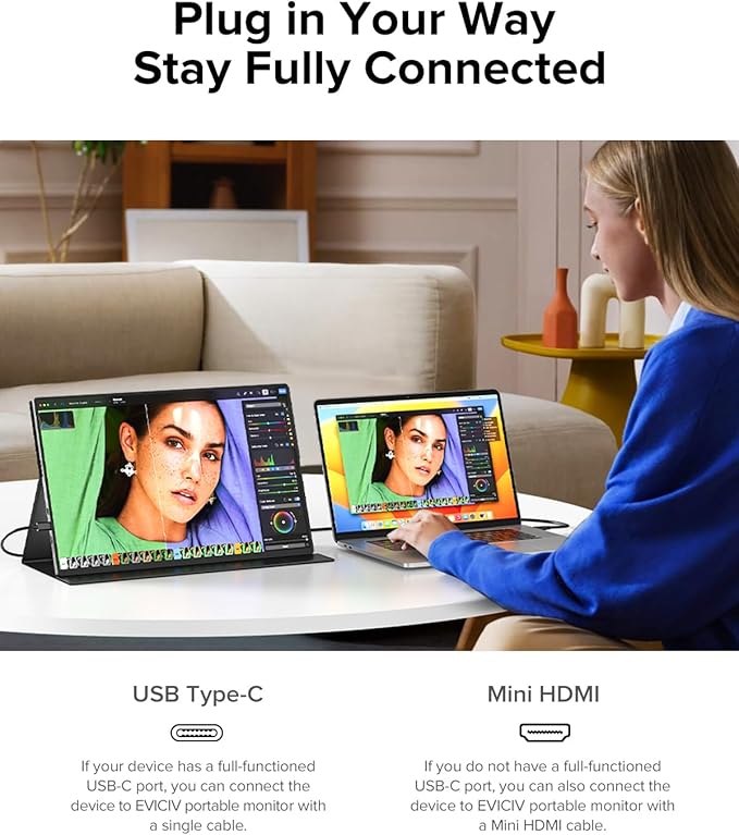 EVICIV Portable Monitor 4K 1200 Nits, 16" Laptop Monitor, 3840 * 2400 UHD, 1MS FreeSync, 2000:1 Contrast, USB-C & HDMI, VESA & Smart Case, Travel Second Screen for Computer, Mini PC, Game Consoles