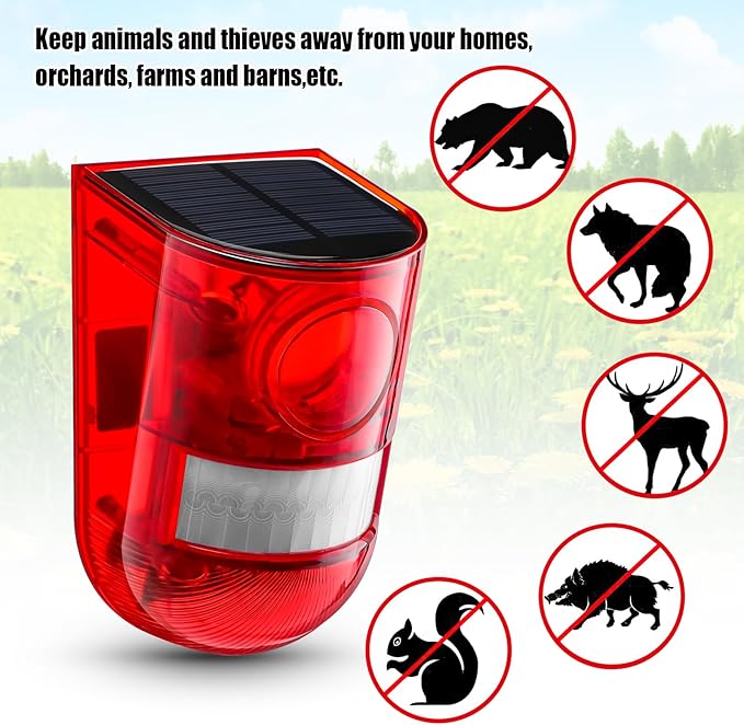 Qualirey 6 Pack Solar Sound and Light Alarm Motion Sensor 129db Outdoor Security Siren Waterproof Motion Activated Detector Alarm 6 LEDs Flash Warning Strobe System for Home, Farm (Red)