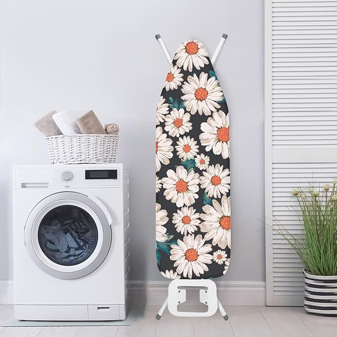 ZCFYGDX Breathable Ironing Board Cover,Resist Scorch Polyester & Staining,Wear & Soil Resistant Covers, Easy Installation 3 Fasteners,Elastic Edges (15 x 48 inch) Oil Painting White Daisy Print