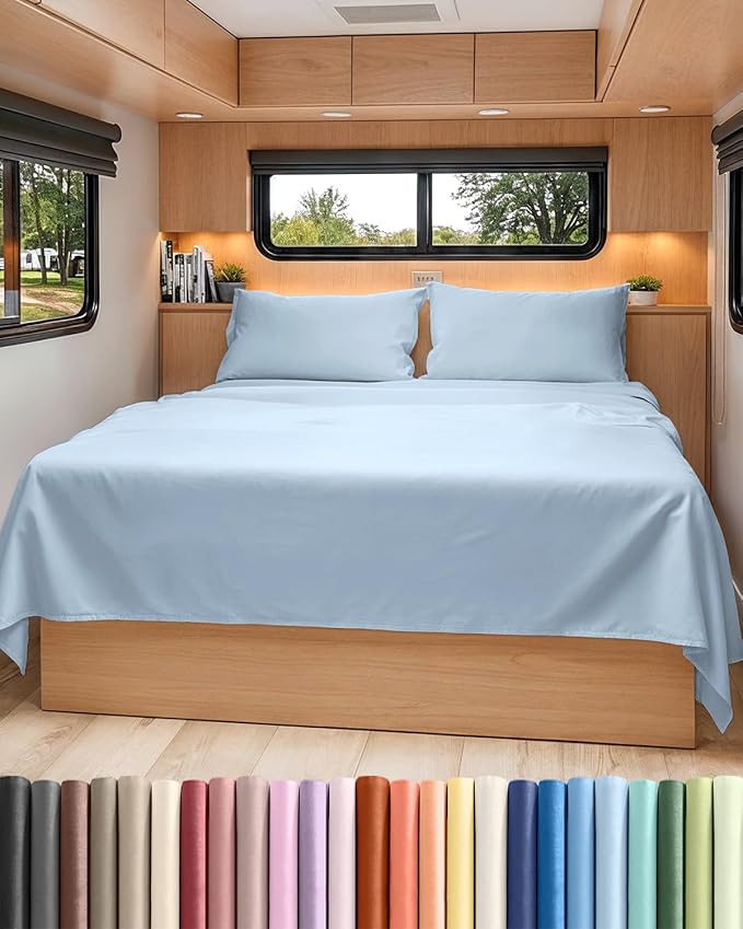 RV Short Queen Sheet Set 60 X 75 - 4 Piece RV Short Queen Bed Sheets - Soft, Breathable and Cooling - Designed for Bunks, Trailers & Campers - Fits 8” to 12" Mattress - Hotel Luxury Bedding - Sky Blue