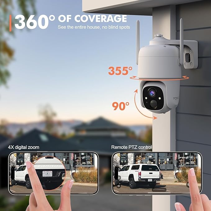 Dzees Solar Security Cameras Wireless Outdoor, 2K Battery Powered Security Camera, 360° PTZ Camera with Spotlight, Siren, Color Night Vision, AI Dectection, IP66 for Home Security, 2.4GHz 2-Pack
