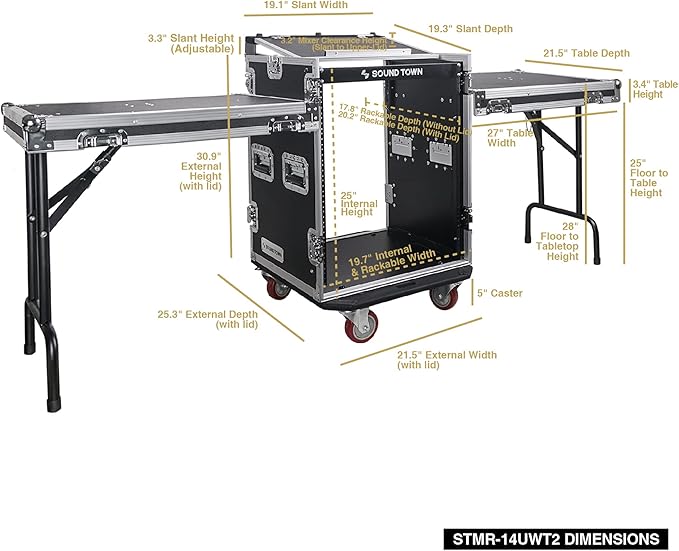 Sound Town Heavy-Duty 1/2" (12mm) Plywood 14U PA DJ Rack/Road ATA Case with 11U Slant Mixer Top, 20’’ Rackable Depth, 2 DJ Work Tables and Casters, 14-Space Size, Pro Tour Grade (STMR-14UWT2)