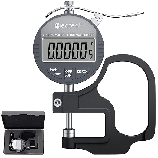 Neoteck Digital Thickness Gauge 0.5inch/12.7mm,0.00005inch/0.001mm LCD Display with Inch/MM Conversion One-Hand Quick Press Thickness Measuring Tool for Leather Paper Fabric Film etc.-Silver-Grey