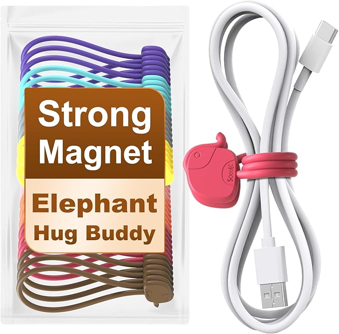 SOLIDATOR Charming Elephant Magnetic Cable Ties – 24 Pack, Reusable Silicone Cord Organizers for Home & Office, Strong Magnetic Hold, Assorted Colors, Perfect for Cable Organization & Decorative Gift