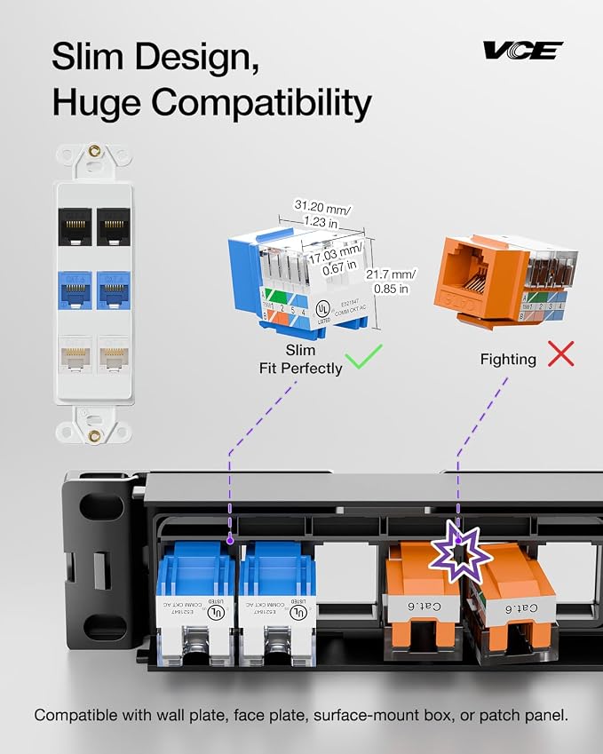 VCE UL Listed 10Gbps Cat6 Keystone Jack Insert 25-Pack, 90 Degree Punch Down - Image 5