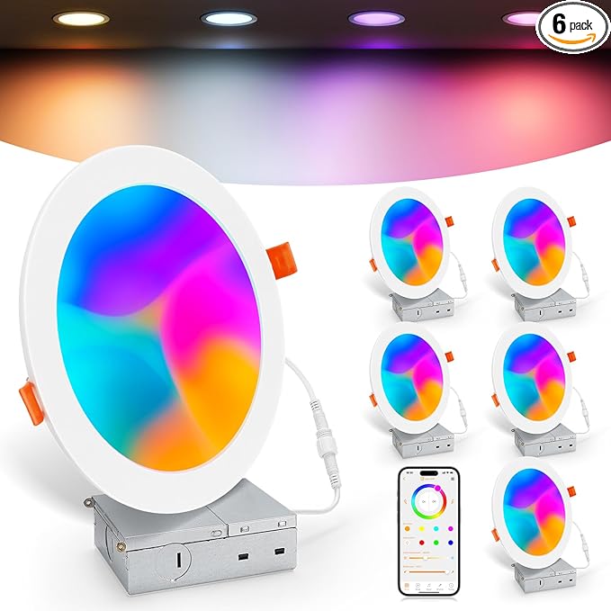 Smart Recessed Lighting 6 Inch, RGBCW Color Changing Canless Recessed Ceiling Lights, Dimmable Retrofit Downlight Compatible with Alexa, Siri, Google Voice & App Control with Junction Box, 6 Pack
