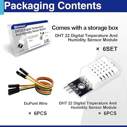 6 Set Digital Temperature and Humidity Sensor Modules, Compatible with DHT22/AM2302, 3.3V–5V Sensors for Arduino with Dupont Wires
