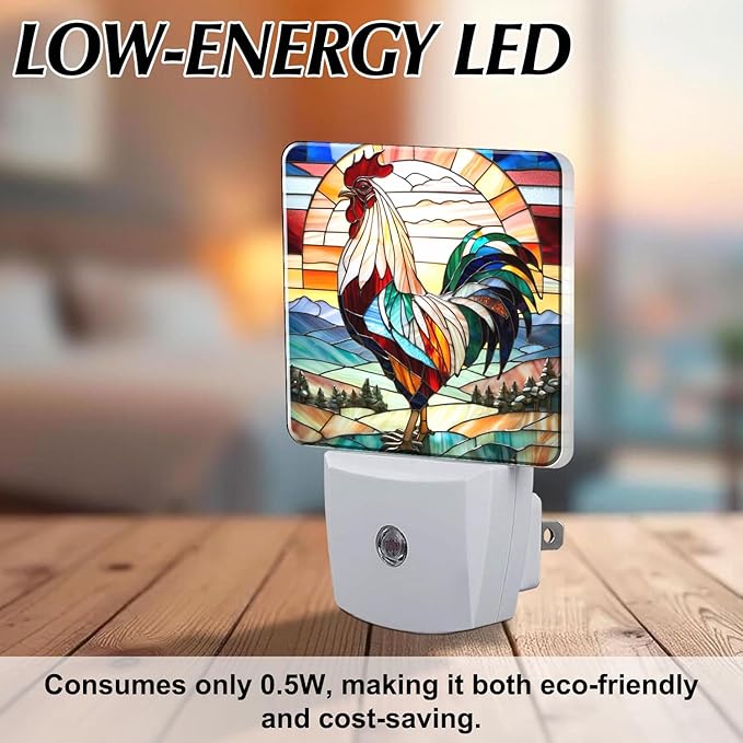 PODMemory Rooster Stained Glass Night Lights Plug into Wall for Room, Rooster Night Light LED for Bedroom