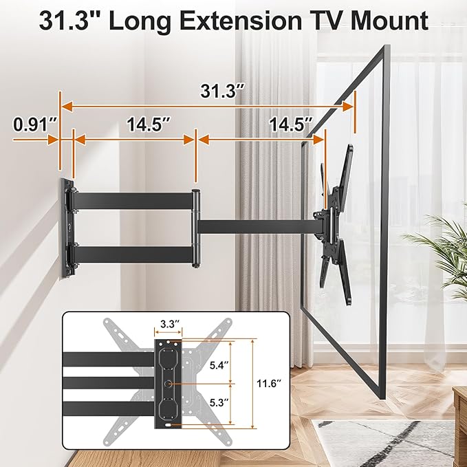 ELIVED 31.3 Inch Long Arm TV Mount for Most 32-65 Inch TVs, Swivel and Tilt Long Extension TV Wall Mount, Full Motion Wall Mount Bracket Max VESA 400x400mm, Holds up to 99 lbs.
