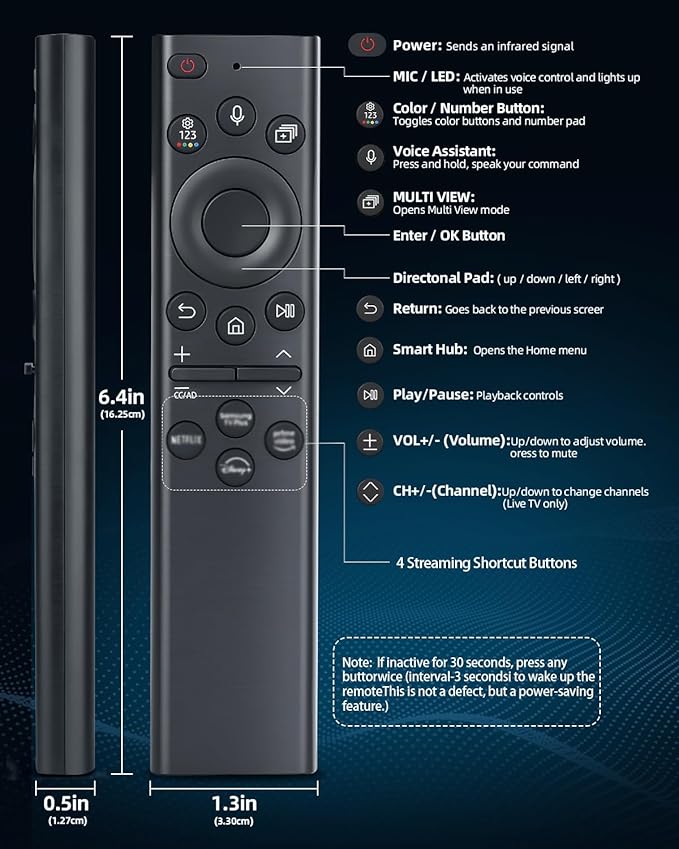 Replacement Universal Voice Remote Control, Compatible with Samsung Smart TVs 2019–2025, Including QLED, Frame, Crystal UHD, Neo QLED, and OLED Series (Not Solarcell Models)