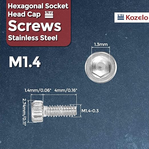 Kozelo 60pcs Socket Head Cap Screws - [M1.4-0.3 x 4mm] 304 Stainless Steel Allen Socket Drive for Electrical Motor 3D Printing Fan Engine Replacement Use, Silver