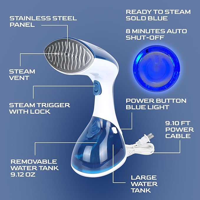 UNDERJAY Steamer for Clothes 1200W, Compact Handheld Garment Steamer for Home, Travel, Office. Portable Clothing Steamer with Upgraded Large Capacity Water Tank. Fabric Wrinkle Remover.