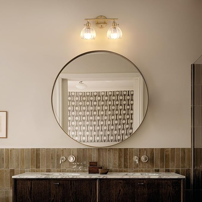 Shenmoyl Battery Operated Bathroom Light Fixtures, 2-Light Brass Vanity Wall Light with 5000mAh Rechargeable Bulb Over Mirror with Clear Tulip Glass Shade for Bedroom Living Room