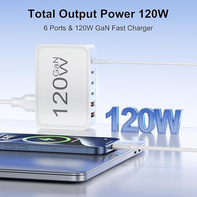 USB C Charger Block, 120W GaN 6-Port Charging Station, 5FT Cord Type C Charger Fast Charging for iPhone 17/16/15/14, iPad, Galaxy, Pixel,etc