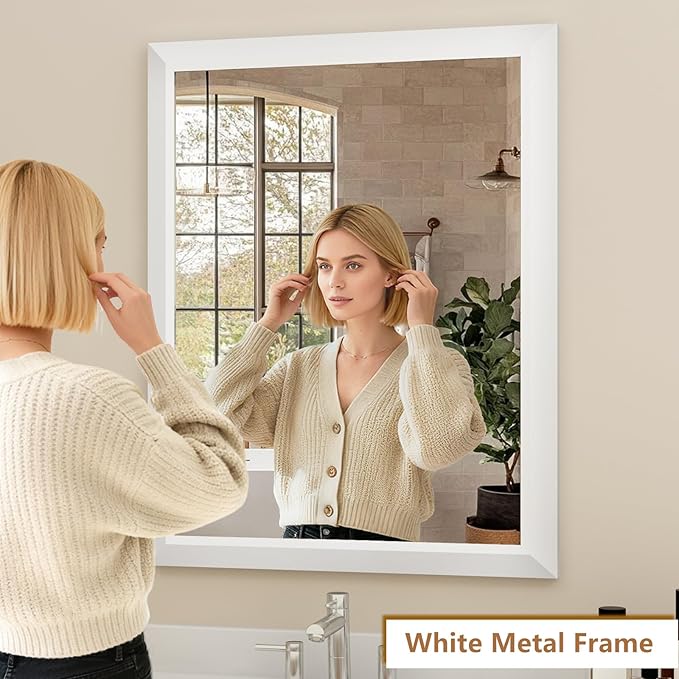 SMIROR Matte White Bathroom Mirror for Over Sink, 20”x 24” Metal Thick Framed Rectangle Vanity Mirror for Wall, Right Angle Corner, Anti-Rust, Horizontally or Vertically Mounted