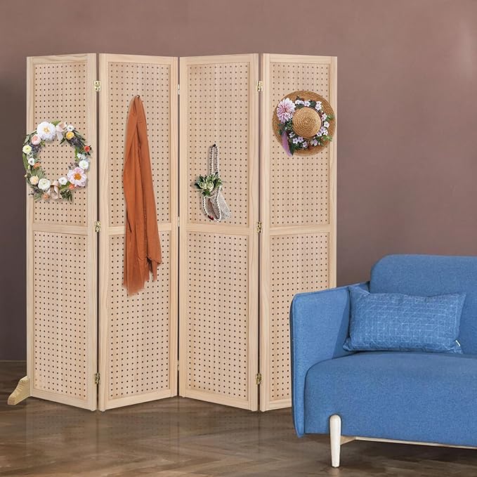 Bonnlo 4 Panel Pegboard Freestanding, 5 FT Portable Display Board Organizer for Craft Show Jewelry, Wooden Folding Privacy Screen Room Divider (with Base, Natural)