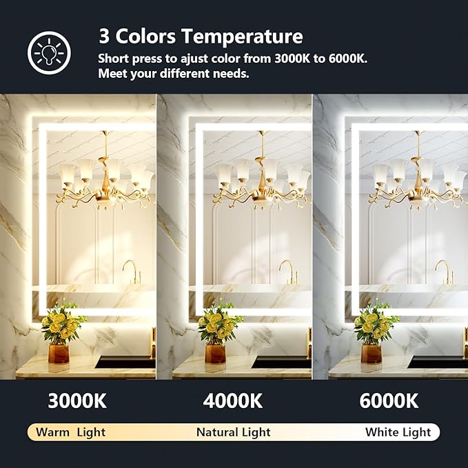 YEELAIT 44x30 Inch LED Bathroom Mirror with Lights Front and Backlit Lighted Vanity Mirror for Bathroom Wall with 3 Colors Dimmable Anti-Fog Memory Shatter-Proof IP54 Waterproof Horizontal/Vertical