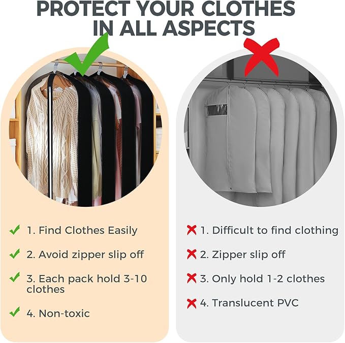 4 pack 60" Clear Garment Bags for Hanging Clothes, Suit Bags for Closet Storage, Clothing Storage, Garment Bags for Travel Covers with 4" Gussets for Coats, Jackets, Shirts, Dresses & Sweater, Black