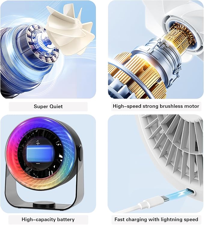 KKANDPP Desk Fans for Bedroom,Quiet Wall-Mounted Desk Fan with Remote,Portable Colored LED Light 100 Speed Digital Display USB Rechargeable Fan for Home Office Bedroom Camping Traveling(Grey)