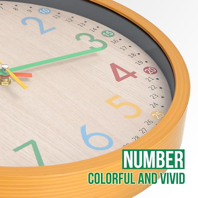 bakbrand Kids Wall Clock Silent Non-Ticking Colorful Childrens Clock Round Decorative Wall Clocks for Classroom, School, Office, Bedroom, Living Room, Kitchen (Oak, 12 inch)