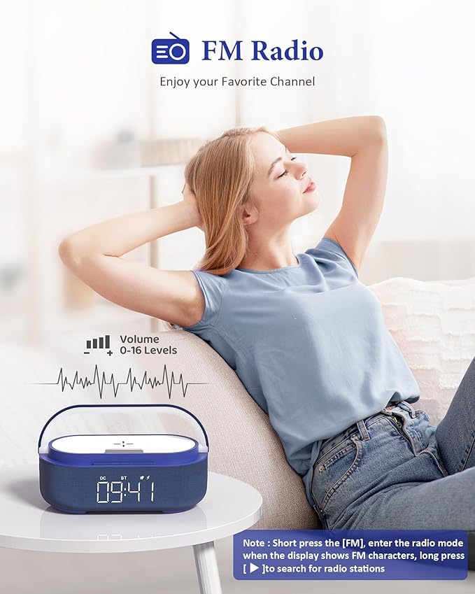 COLSUR Bluetooth Speaker Alarm Clock with Wireless Charger, FM Radio, Adjustable LED Night Light, 6 in 1 Bedroom Portable Speaker 2500mAh, Phone Stand for Bedside, Home, Office, Gift (Blue)