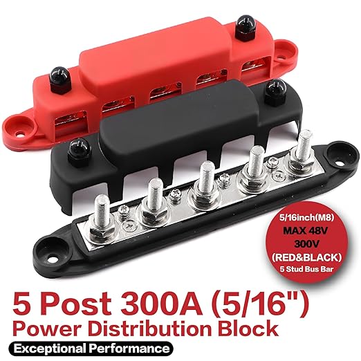 Tuijodaix 300A Bus Bar 5 Post 12V-48V DC Power Distribution Block,5 * 5/16"(M8) Battery Terminal Studs with Cover and Wire Lugs for Wiring,Automotive,Marine,Battery busbar (Red&Black)