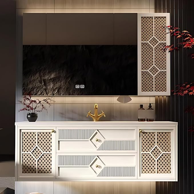 44IN Luxury Floating Bathroom Vanity - Single Sink Bathroom Vanities has Smart Defog Mirror & Slate Countertop | Woven Rattan Perforated Door Panel, LED Lights, 2 Drawers (Style A)