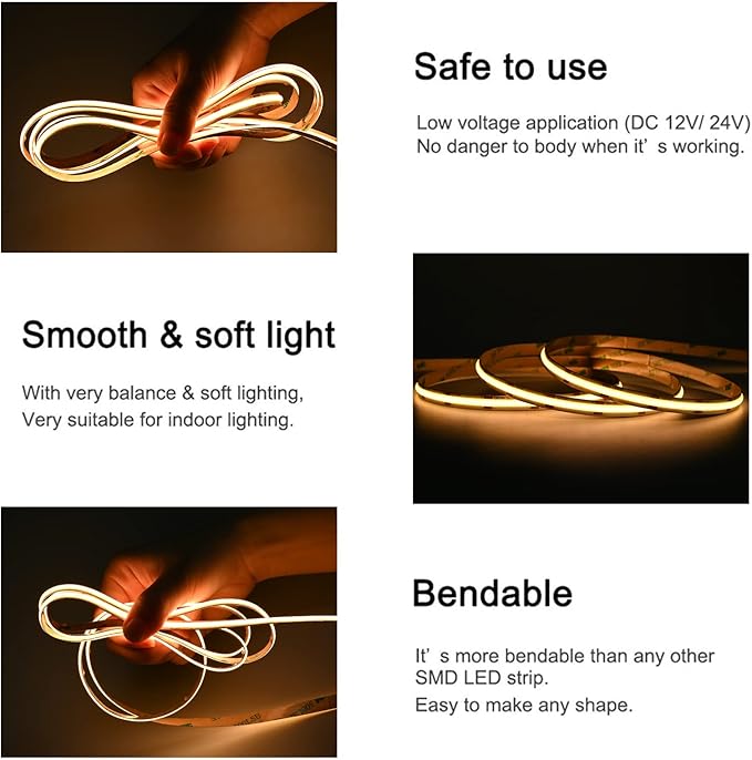 TUNICHX COB LED Strip Lights DC 12V LED Lights Flexible Super Bright LED Strips, 9W/m 2x16.4FT Warm White 3000K CRI 90+,480LEDs/m High Density Uniform Light for Home Room Decor