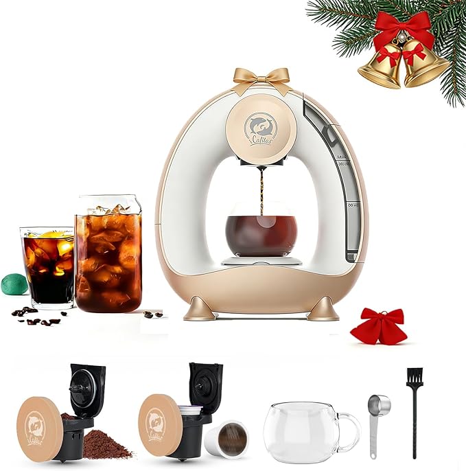 Single Serve Coffee Maker,Fast Brew in 2 minutes,Stylish＆Compact Design,MINI Q 2 IN 1 Coffee Machines for K*cup Capsules & Ground Coffee, Champagne Coffee maker