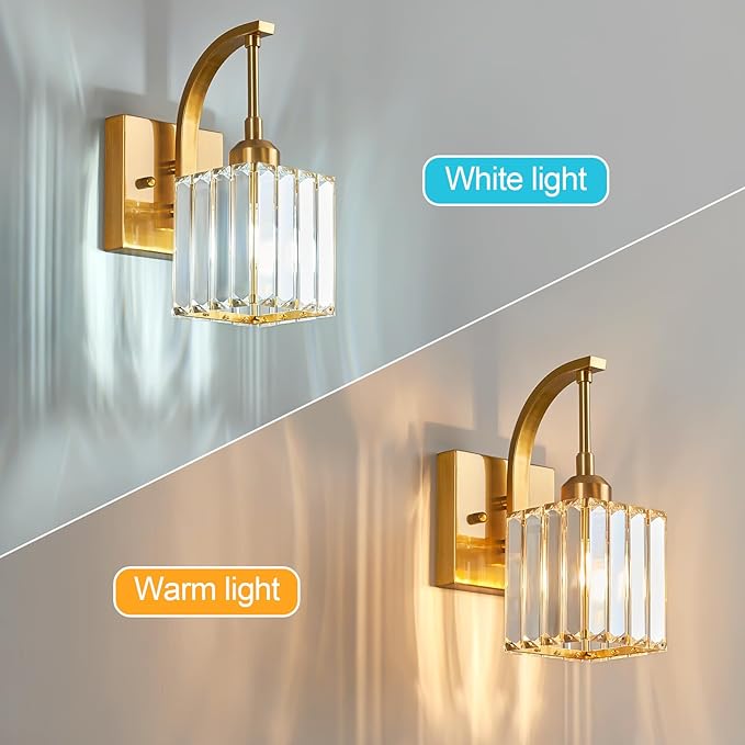 FDPBY Wall Sconces, Set of 2 Gold Crystal Vanity Lights, Modern Wall Lamp for Bathroom, Hallway, and Makeup, Easy Installation
