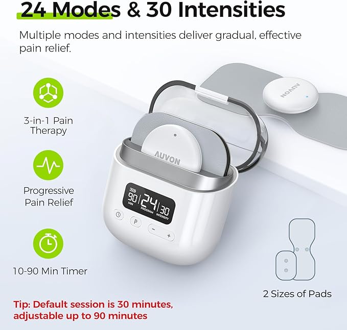 AUVON Wireless 24 Modes TENS Unit Muscle Stimulator for Pain Relief, Smart Rechargeable TENS Machine with Dual Size 6 TENS Pads for Physical Therapy, Pocket-Size TENS Device for Shoulder & Back Pain
