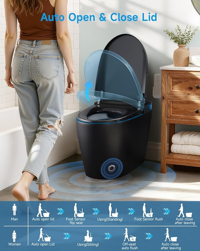 WANSID Black Smart Toilet with Bidet Built In, Auto Open/Close Lid, Heated Seat, Warm Wash & Dryer, Night Light, Soft-Close,Modern Elongated Tankless One Piece Toilets, 1.28 GPF