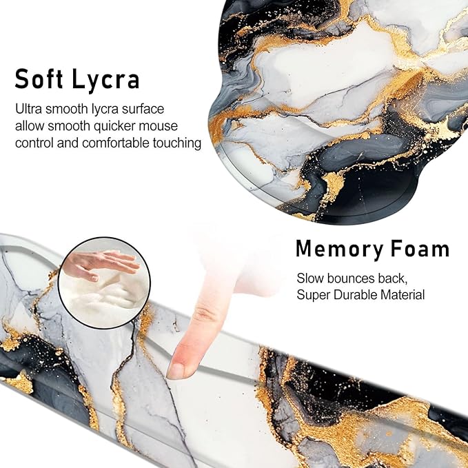 Keyboard Wrist Rest and Mouse Pad Wrist Support Set with Coasters,Non-Slip PU Base Ergonomic Gaming Mousepad for Home Office Working Studying Easy Typing & Pain Relief,Black Gold Marble