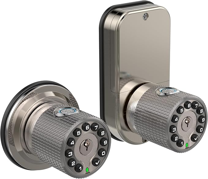 BOTHSTAR Double Sided Keyless Door Knob Lock with Fingerprint and Keypad, Smart Doorknob with Dual Cylinders for Exterior or Interior Door(Double Sided Fingerprint Satin Nickel)