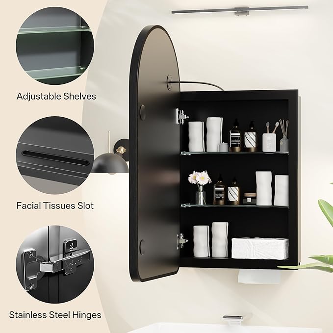 LED Arched Bathroom Medicine Cabinet with Mirror, No Assembly Needed, Recessed or Surface Mount Wall Storage Cabinet, Mirror Cabinet with Tissue Slot (Black-LED, 31.5" L x 19.7")