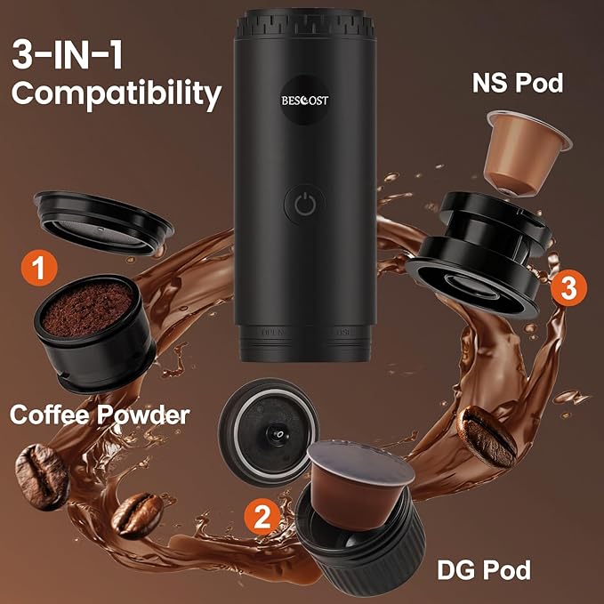 Portable Espresso Maker with Self Heating, 20 Bar 3-in-1 Electric Coffee Maker for Travel & Camping, 7800mAh Battery Coffee Machine Compatible with NS/DG Capsules & Ground Coffee, USB-C Charging