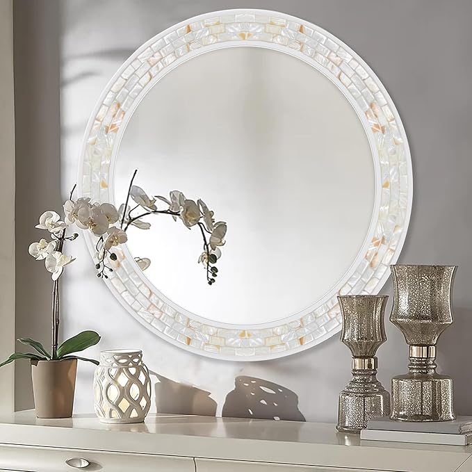 Tanmicoshomy Round Wall Mirror 28 Inch,Circle Mosaic Mirror with Natural Shell and Wood Frame, Decorative Coastal Round Wall Mirror for Bathroom Bedroom Living Room Entrayway