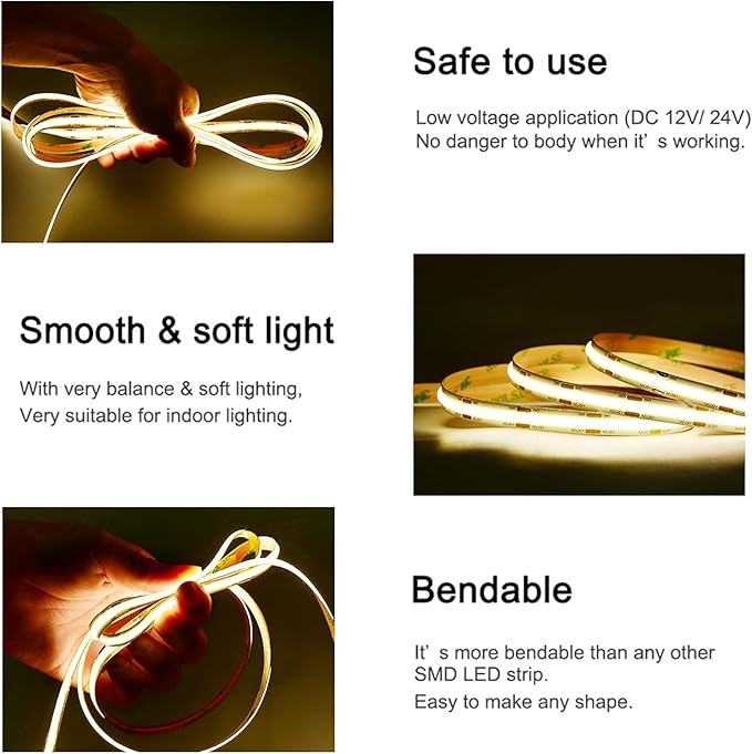 TUNICHX COB LED Strip Lights UL Listed DC 24V LED Lights Flexible Super Bright LED Strips,16.4ft 4000K Natural White,CRI 90+,2400LEDs High Density Uniform Light for Home Room Décor