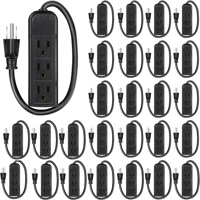 Copkim 12 Pack 3 Outlet Power Strip Extension Cord with Flat Plug Mini Cord 3 Ground Heavy Duty Mountable Outlets Strip for Computer Phone Home Office (1 ft,Black)