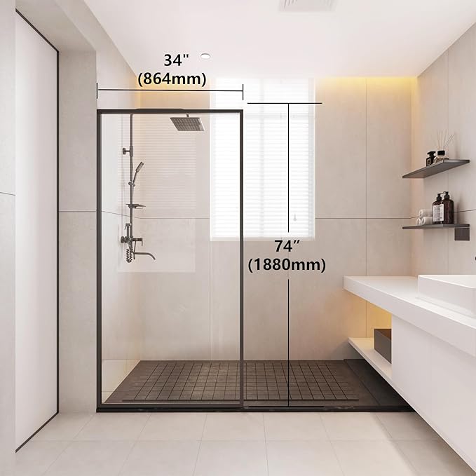 Shower Framed Glass Panel, 34" W x 74" H Shower Screen, 5/16" (8mm) Tempered Glass Shower Door, Fit for Walk-in Bathroom, Matte Black Fixed Shower Door