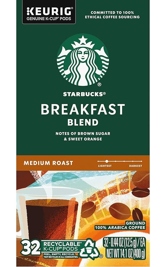 Starbucks Coffee K-Cup Pods, Breakfast Blend, Medium Roast Coffee, Notes of Brown Sugar & Sweet Orange, Keurig Genuine K-Cup Pods, 32 CT K-Cups/Box (32 Count (Pack of 2))