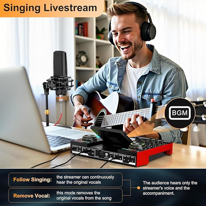 Live Sound Card Audio Mixer, Podcast Equipment Bundle with 3.5mm Condenser Microphone for Pc/Phone Live Streaming Singing Gaming, Sound Board with Voice Changer, Denoise