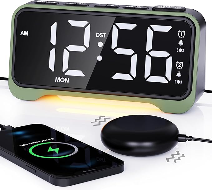 Loud Alarm Clock for Heavy Sleepers Adults/Kids, Dual Vibrating Alarm Clock Bed Shaker for Hearing Impaired/Deaf, 7.5’’ Large Display with Dimmer, Weekday/Weekend Mode, Nightlight, USB Port, Snooze