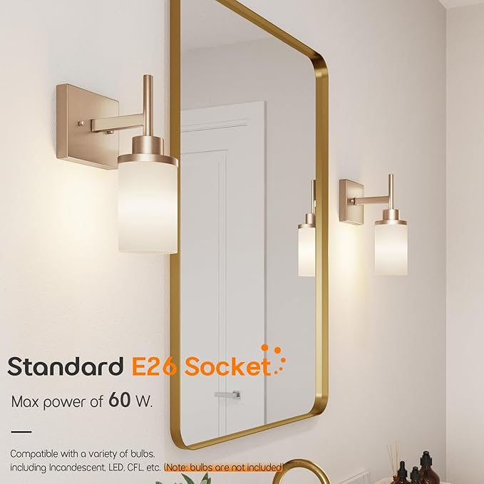 AONEON Vanity Lighting Fixtures with White Frosted Glass Champagne Bronze Wall Lamp Over Bathroom Mirror for Bedroom, Living Room, Washroom Porch T001CPG-L1