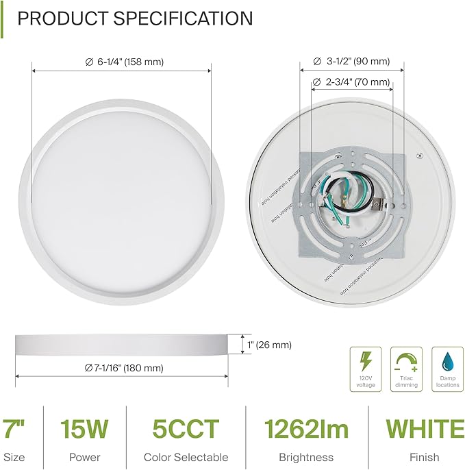 ASD LED 7" Round Flush Mount Ceiling Light Fixture, Low Profile Surface Lighting | 5CCT, Dimmable, Ultra-Thin, ETL Listed | 15W 1260LM 2700-6000K 120V | Kitchen, Bedroom, Hallway Lamp | White