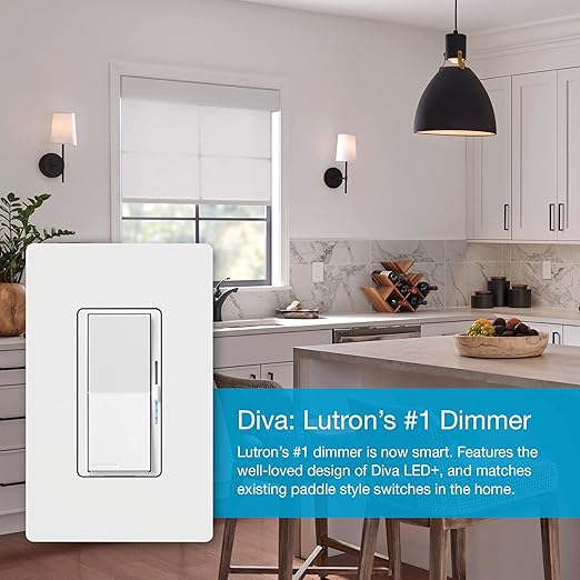 Lutron Diva Smart Dimmer Light Switch for Caseta Lighting (Lutron Smart Hub Required), for LED Lights, 150W, Single-Pole/3-Way, No Neutral, White - 6 Pack