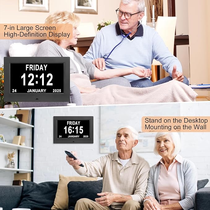 Irednolw Black Clock with Day and Date for Elderly Dementia Patients-Large Number Digital Clocks for Seniors-Digital Calendar Day Clock for Seniors Large with 12 Alarms, Auto Dimming