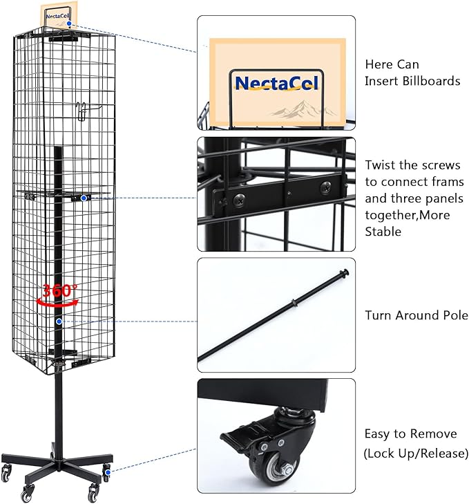 NectaCol Triangular Gridwall Panel Display Stand with Base and Pole, Black Grid Wall Panels with Wheels, Craft Gridwall Display Rack, Art Display Stand, Show Rack, Extra 12pcs Hooks