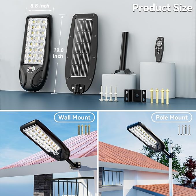 MMKT Solar Lights Outdoor, 8000W 3 Color Solar Street Lights, Commercial Solar Parking Lot Lights Waterproof Dusk to Dawn, Security Flood Lights with Motion Sensor for Yard, Basketball Court