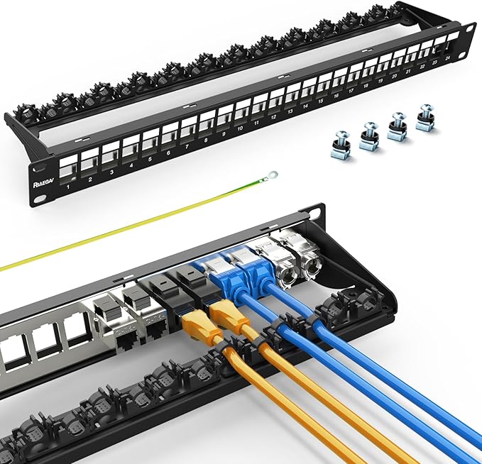 PBAEGAV 24 Port Patch Panel Blank UTP/STP 1U 19" Keystone Patch Panel with Cable Management and Support Bar Compatible with LC/SC/ST/FC/USB/HDMI Keystone Jack(24 Port StyleB)